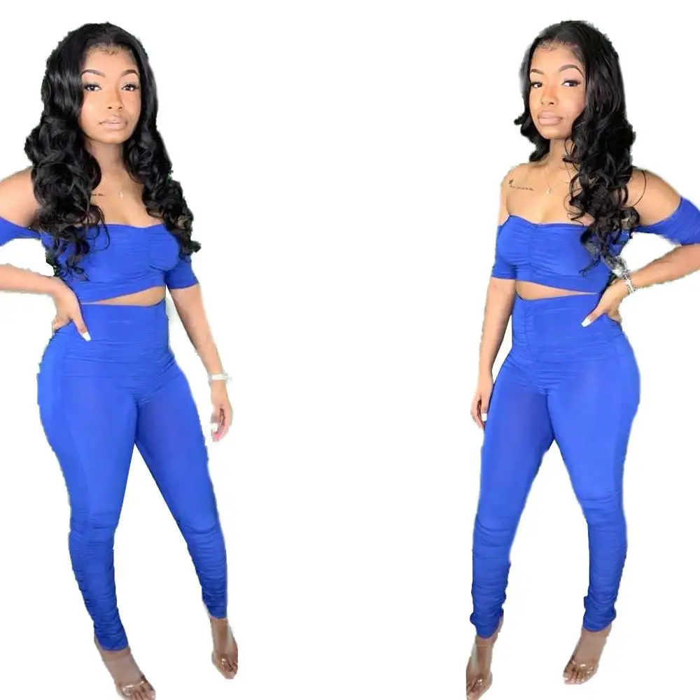 

Best Style Sexy Slash Collar Women Sets Nightclub Wear Pleated Crop Tops High Waist Bodycon Pleated Pencil Pants Outfits Party