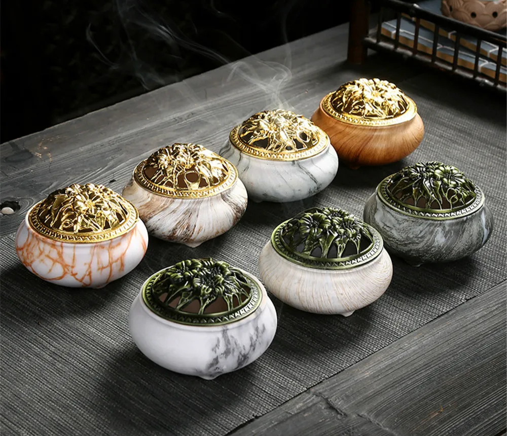 

Marble Coil Censer Incense Burners Copper Cover Ceramic Stick Burner Antique Sandalwood Incense Holder Home Zen Room Crafts