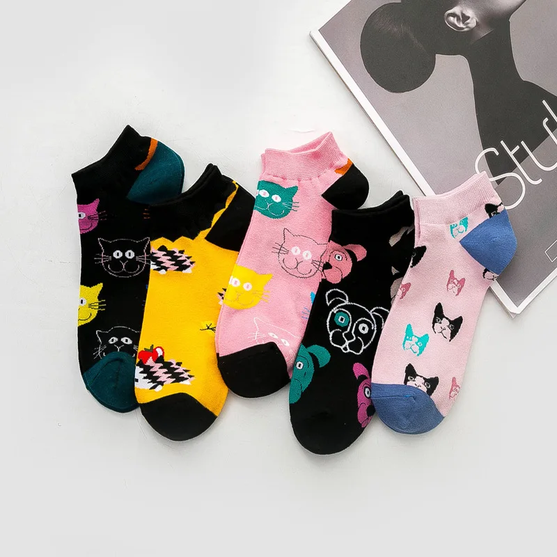 5 Pairs Women's Socks Fashion Hip Hop Funny Cat Dog Beer Maple Leaf Pigeon Printed Happy Color Sox Mens Size 36-43 Wholesale | Женская
