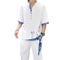 cotton and linen suit 2021 mens summer thin linen short sleeve t shirt fashion chinese style mens suit