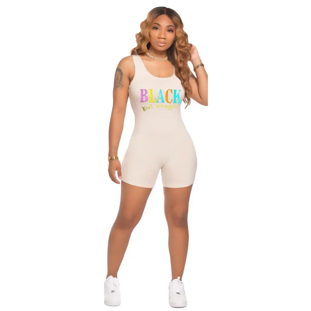 

colorful letter printing high street sexy rompers 2020 summer jumpsuit short sleeveless high waist bodycon overalls