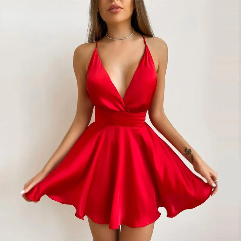 

2021 Summer Fashion New Spaghetti Strap Deep V Neck Sexy A Line Mini Dresses for Women Fashion Red Wrap Party Bodycon Dress