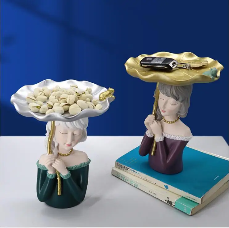 Chinese Lotus Leaf Girl Storage Tray Resin Statues Home Livingroom Box Figurines Crafts Store Clubs Table Sculpture Decoration | Дом и сад