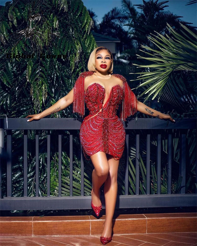 

Роскошные Короткие Выпускные платья с бисером и бахромой, коктейльное вечерние-платье для вечеринки на день рождения, платье-Русалка с круг...