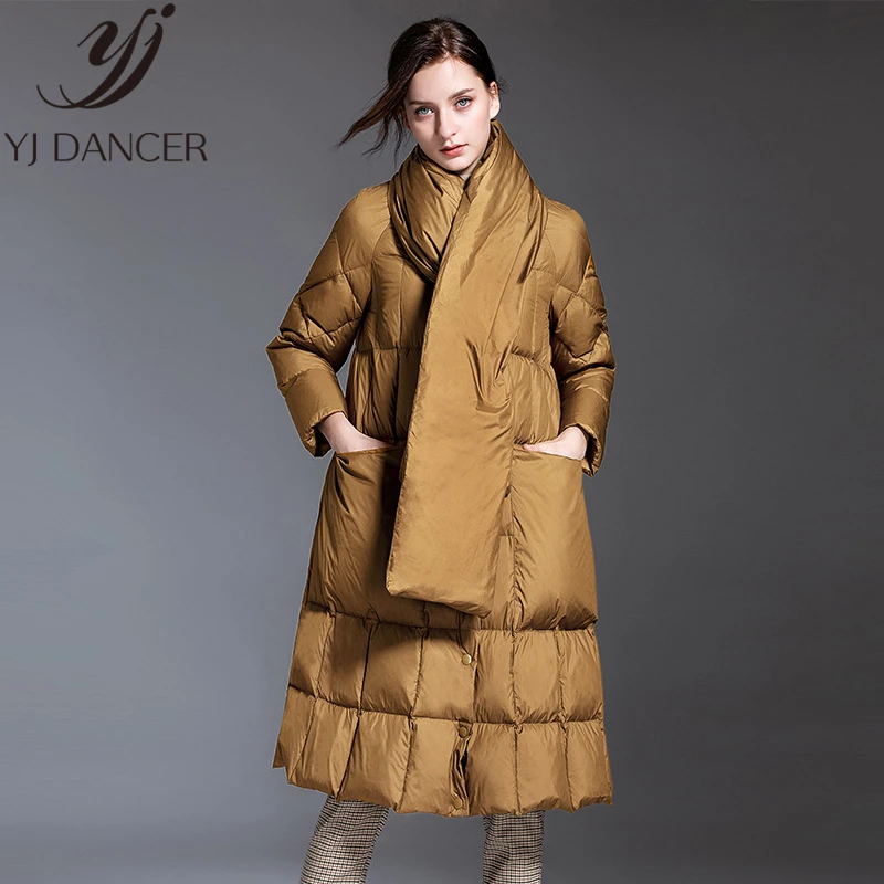 Женский пуховик толстый Повседневный длинный на белом утином пуху с шарфом