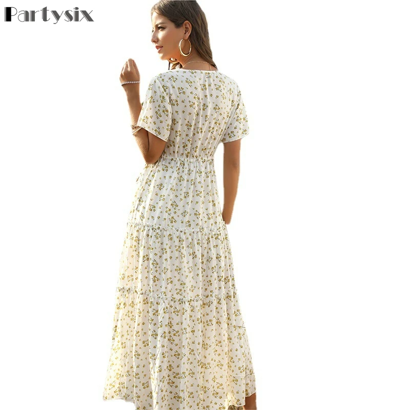 

White Long Dress Women Elegant Floral Ruffle Sexy Deep V Neck Slit Dresses Summer Casual 2020 Blue Midi Clothes Ruched