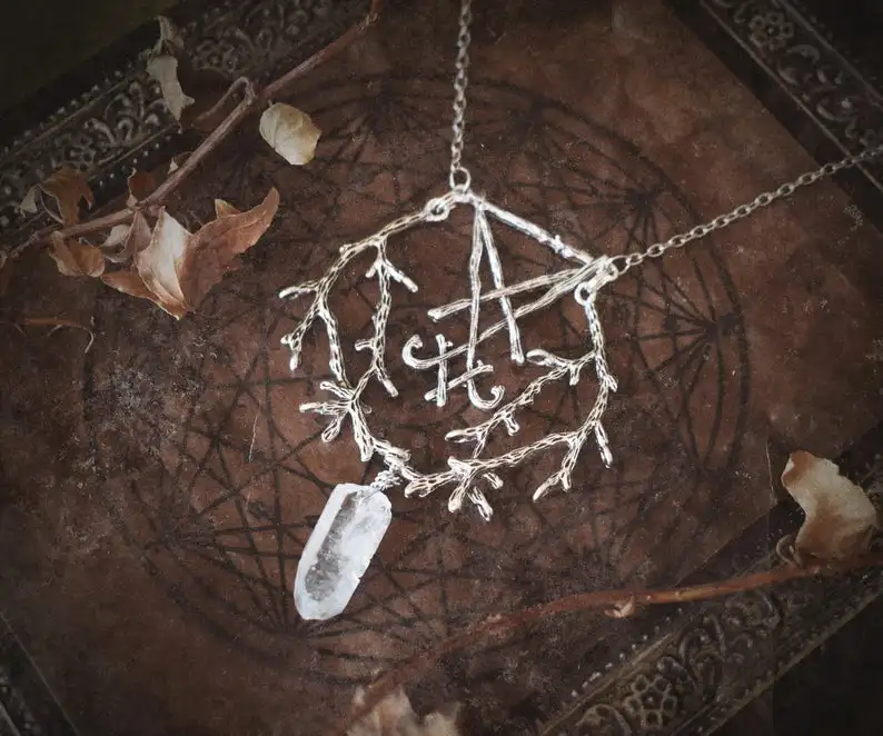 

Sigil, Lucifer, Branch with Quartz, Satan, Satanic, Goth, Gothic, Occult,pendant for Witch Necklace.Witchcraft Pagan Wiccan