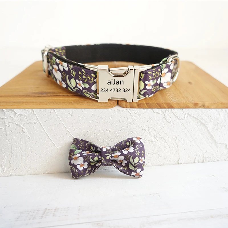 Dog Collar Personalized Engraving Nylon Bow Metal Buckle Floral Patterns Adjustable Fit Small Medium Large | Дом и сад
