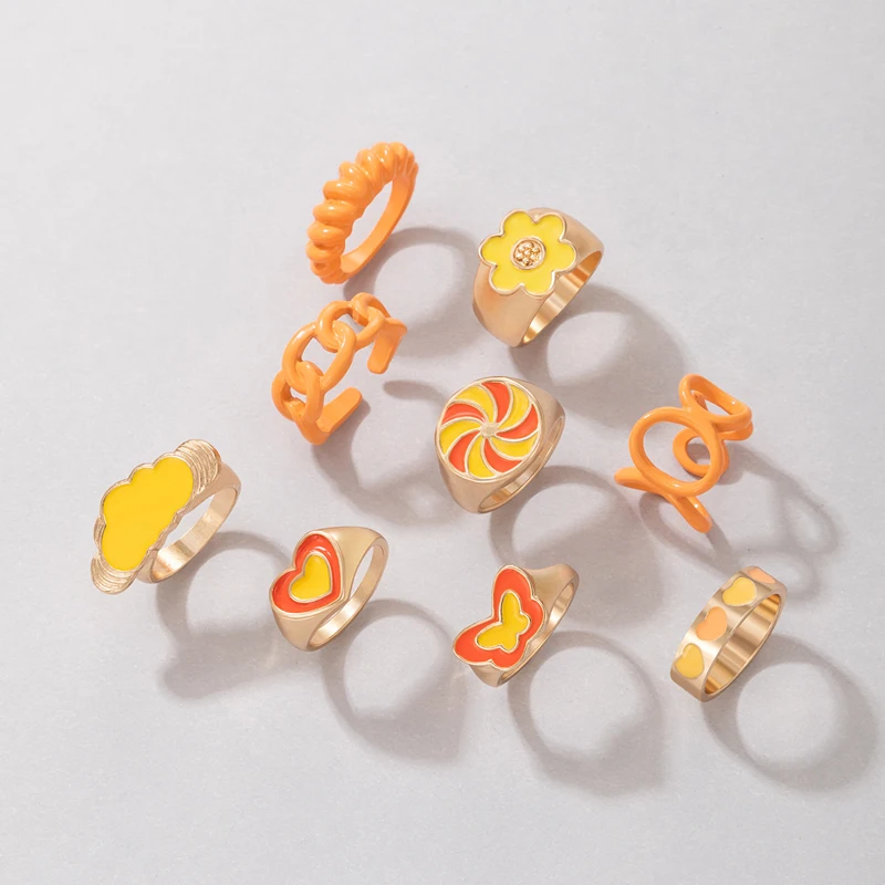 

Docona 10 шт./компл. модные красочные кольца с бабочками для женщин простые геометрические кольца в форме сердца и цветов с капающим маслом ювел...