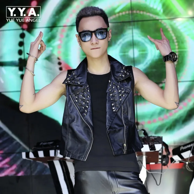 Новинка 2020 модный мужской жилет из искусственной кожи с заклепками без рукавов