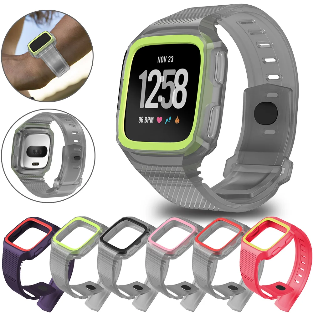 

For Fitbit Versa Versa2 Sport Silicone Band Strap Semi-transparent Wristband Anti-drop Protective Shell One-piece watchband