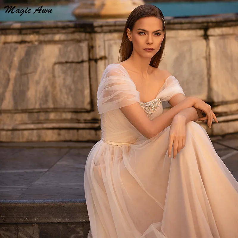 

Magic Awn 2021 Off The Shoulder Wedding Dresses Beaded Soft Tulle Beach Bridal Gowns Lace-Up Back Customized Vestidos Novia