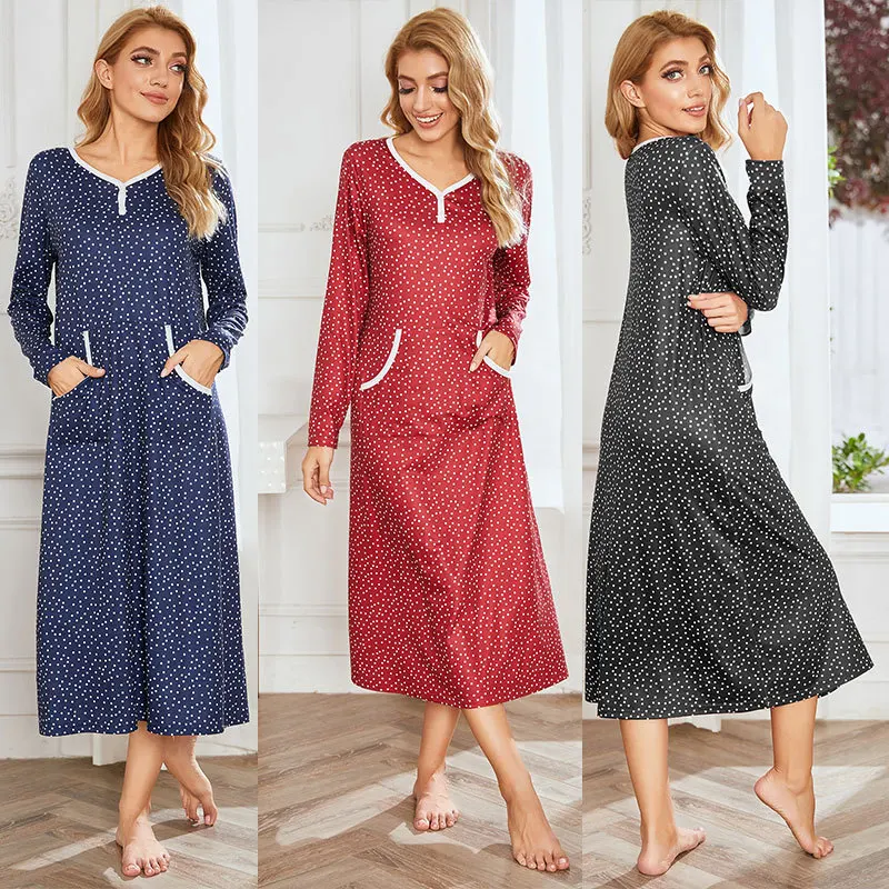 

Spring New Product Long Sleeve Polka Dot Printed Nightdress Long Skirt Women's Leisure Home Wear Nightgown Nightwear Sleep Tops