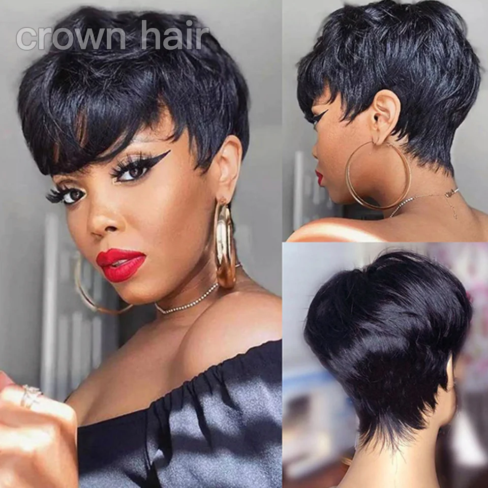 

Human Hair Wig With Bangs Fringe Short Bob Cheap Full Machine Made Glueless For Black Women Body Remy Brazilian Pixie Cut