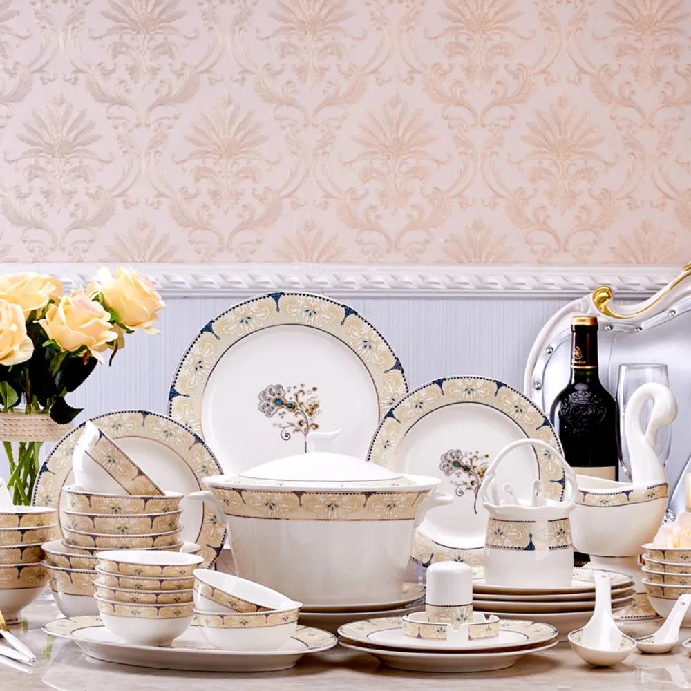 

Kitchen Bar Counter Supplies 60 dinner Set porcelain Jingdezhen Ceramic European Palace Style Chinese Dishes Peacock Pattern