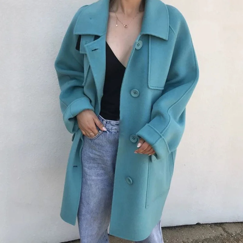 

Шикарное осенне-зимнее однобортное свободное теплое шерстяное пальто в Корейском стиле с отложным воротником синего павлина в иностранном...