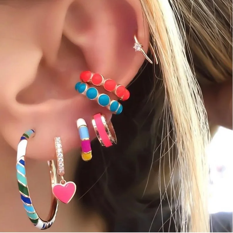 

summer hot selling fashion women jewelry gold color Neon enamel colorful round beaded ear cuff no pierced clip on earring