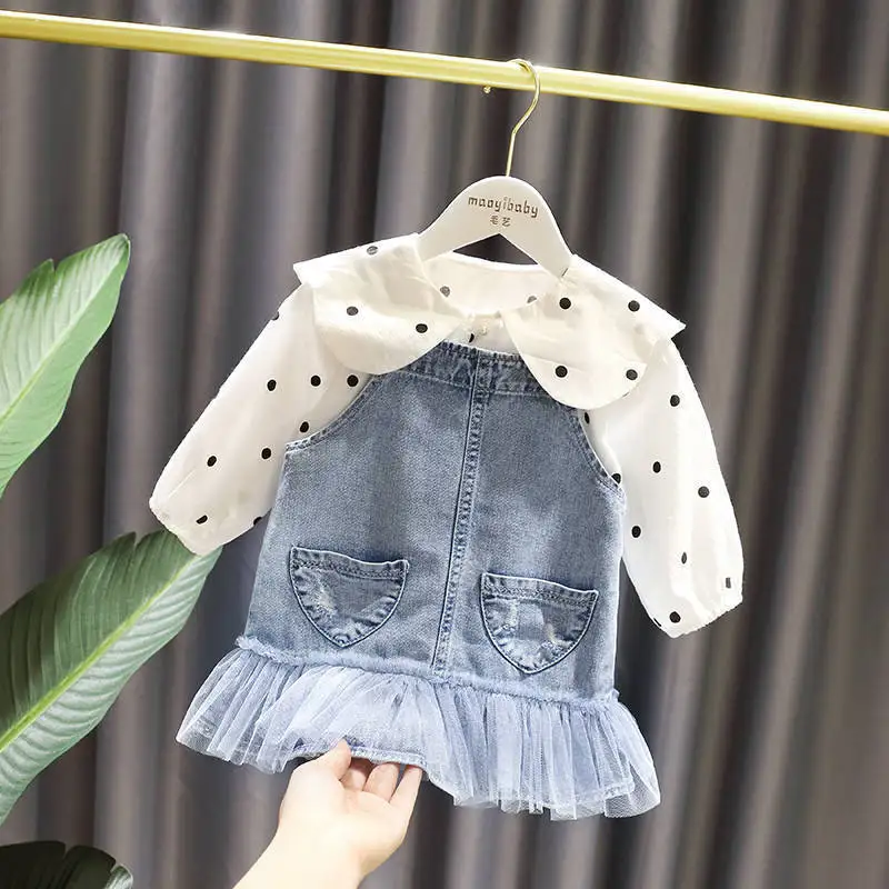 

Kids Denim Straps Dress For Girls Sweet Princess Dresses 2021 Autumn Spring Children Long Sleeve Clothes Girls Party Dresses