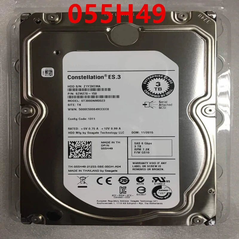 

Original New HDD For Dell 3TB 3.5" SAS 128MB 7200RPM 7MM For Internal HDD For Enterprise Class HDD For ST3000NM0023 055H49