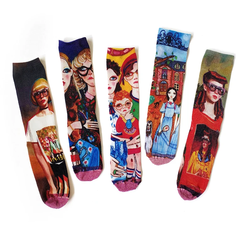 Модные Длинные Носки с рисунком для женщин и девочек хлопчатобумажные забавные