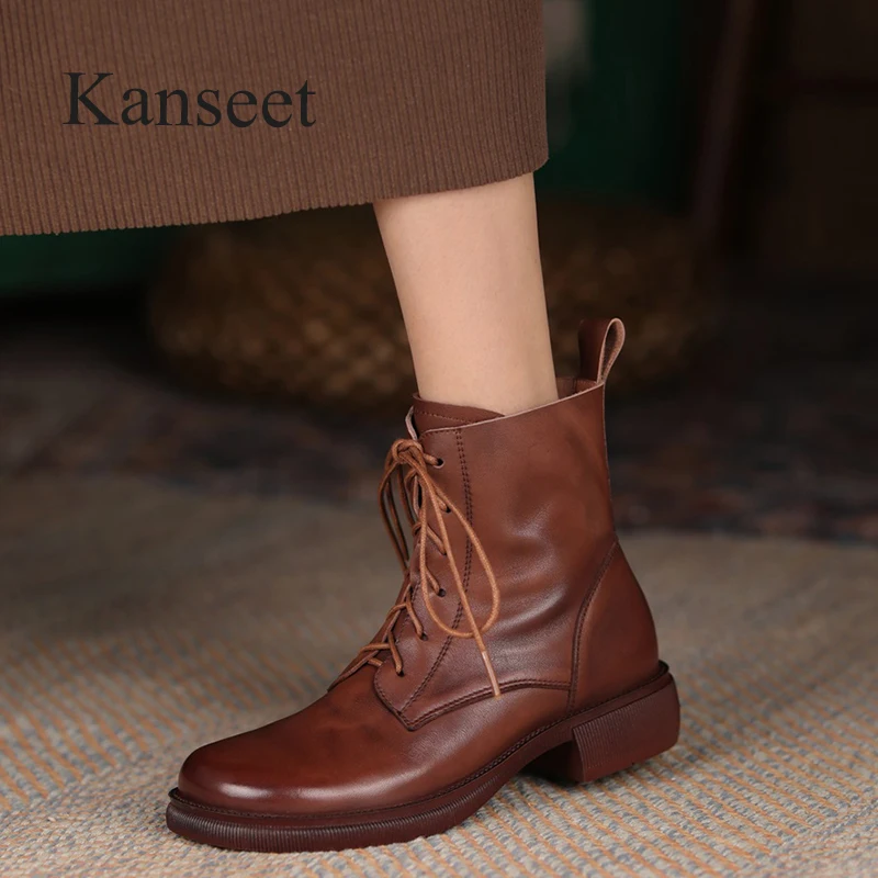 

Женские ботильоны Kanseet, новинка, Осень-зима, с круглым носком, на молнии, натуральная кожа, на массивном каблуке, коричневые мартинсы для женщ...