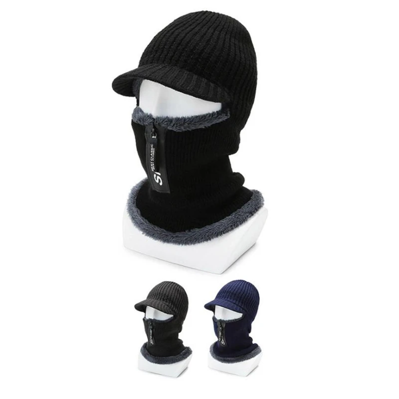 

Men's Winter Knitted Hat Warm Thick Add Fur Lined Beanies Hats With Zipper Keep Face Warmer Caps Ski Cap