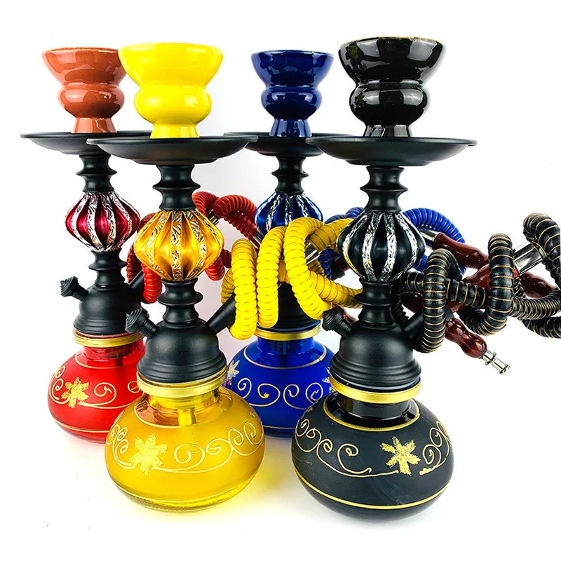 

Portable Arab Complete Shisha Small Glass Single Hose Hookah Set Cachimba Chicha Nargile with Ceramic Bowl Metal Charcoal Tongs