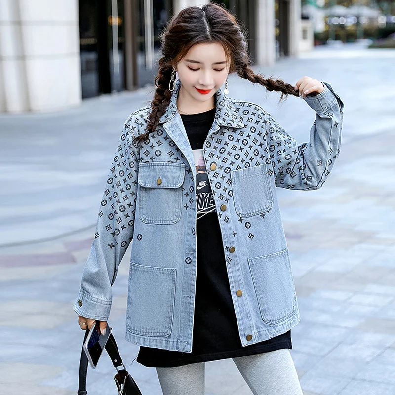 Осень 2021 новая Повседневная джинсовая куртка с принтом Женский Топ |