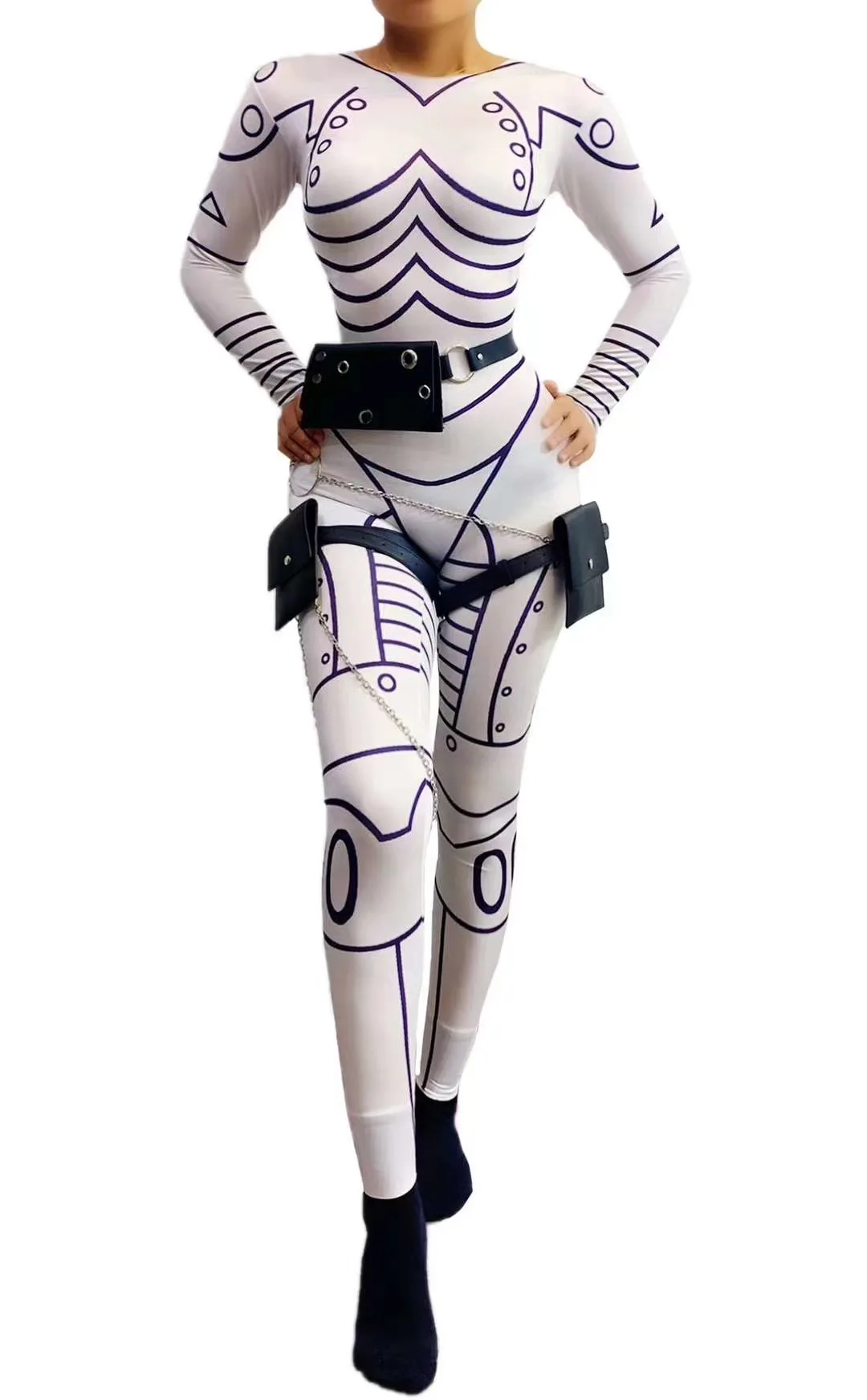 

Novelty Robot White Printed Bodysuits Stretch Skinny Jumpsuit Dance Cosplay Costume Halloween Party Role-playing Stage Clothes