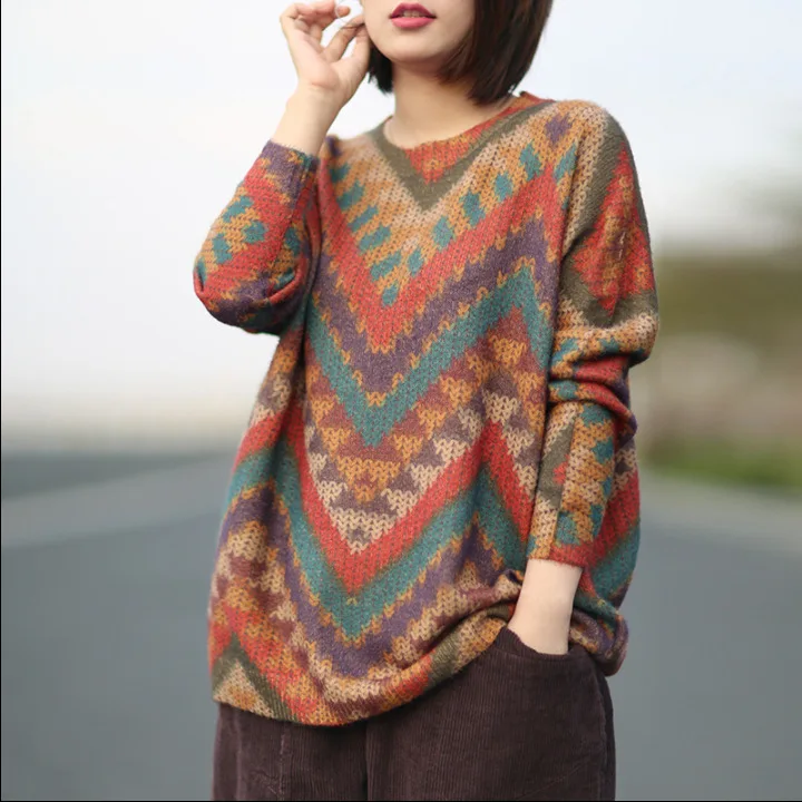 Women Sweater Autumn Loose Knitting Pullovers Tops 2021 New Ladies O-Neck Print kitten Casual All-match | Женская одежда