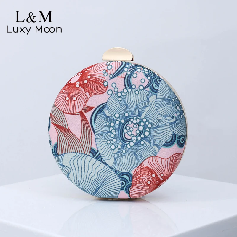 

Floral Print Evening Clutch Bag For Women Small Round Chain Wedding Party Handbag And Purse Female Elegant Designer Bag X363H