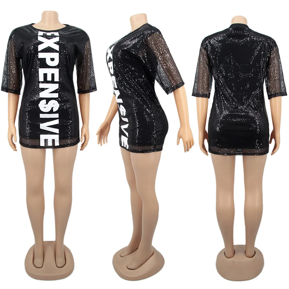 

Full Body Sequined T-shirt Dress Plus Size Party Dress Letter Print Fashion Mini Dress Nightclub Clothes Sexy & Club Bling Bling