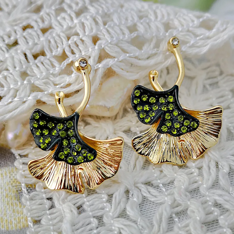 Boho серьги золотого цвета с зелеными кристаллами гинкго билоба двойные листы Висячие серьги для женщин модные ювелирные изделия O3D274