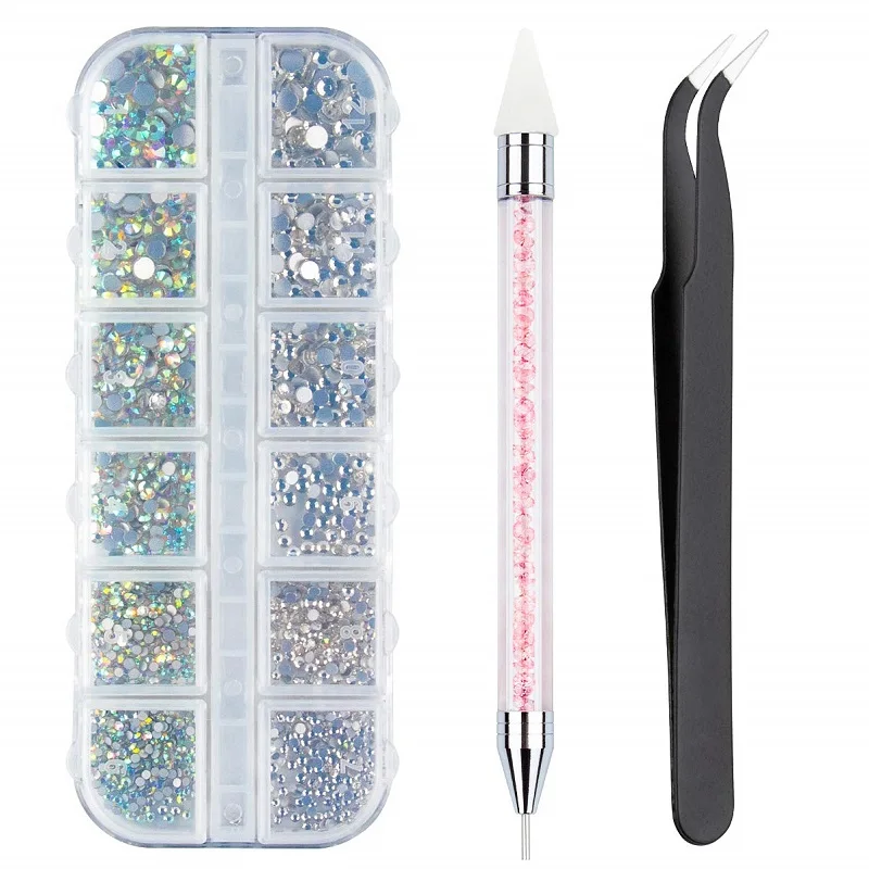 

12 Grids/Box AB Crystal Nail Rhinestone SS4-SS16 Diamond Stones Beads Flat Back Glitter Tips 3D Nails Art Decorations