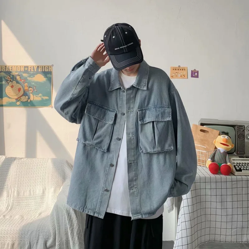 

Spring Retro Denim Jacket Men's Fashion Solid Color Casual Denim Jackets Mens Streetwear Korean Loose Hip-hop Bomber Jacket Men