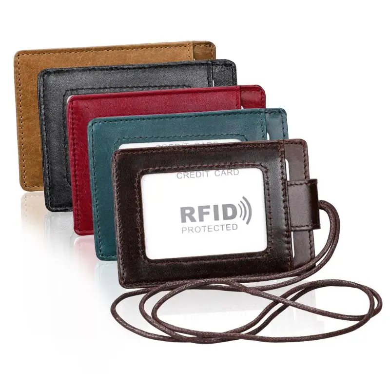 

Fashion Unisex RFID Genuine Leather Business ID Card Credit Holder Men Women Casual Wallet Badge Coin Holder Purse with Lanyard