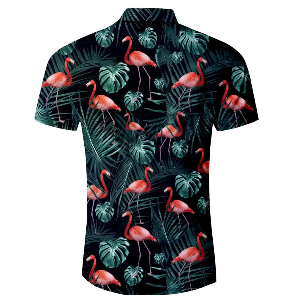

Летняя Пляжная рубашка с коротким рукавом, розовая гавайская рубашка с 3D-принтом фламинго, лотоса, мужская повседневная рубашка в стиле Хар...