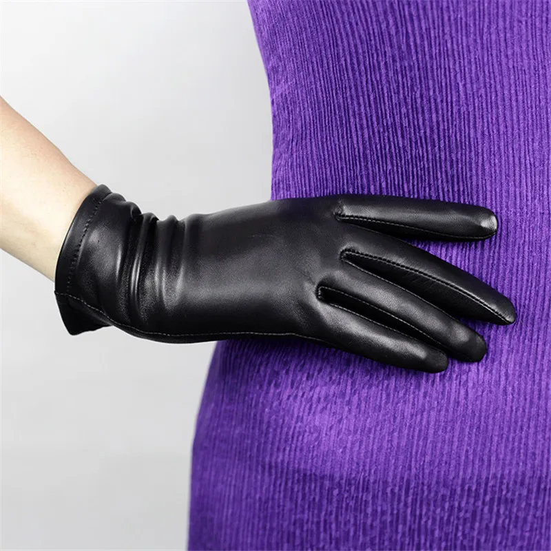 

Перчатки из натуральной кожи женские модные простые перчатки из овчины плюс бархатные плотные черные простые Стильные женские перчатки DQ204