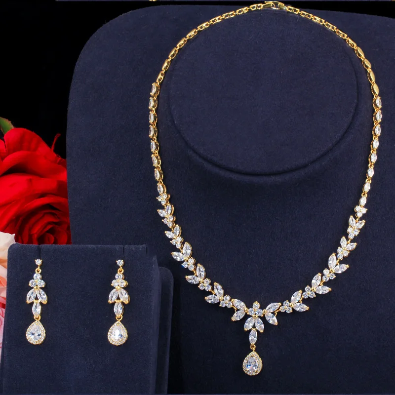 CWWZircons элегантный лист падение Африканский нигерийский CZ цирконий желтый золотой невесты свадебный набор украшений для женщин вечерние платья T371