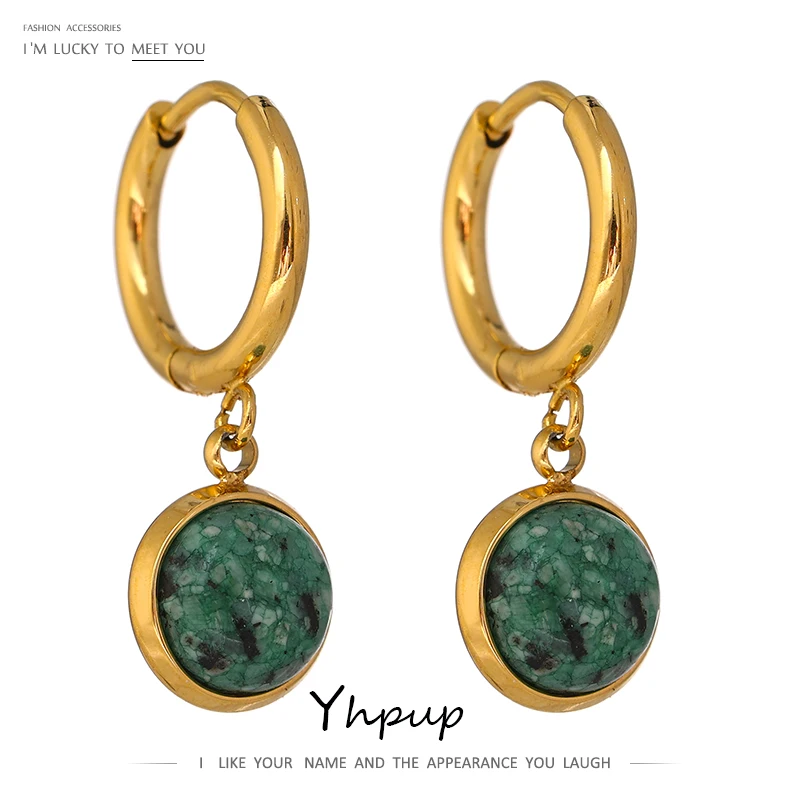 

Yhpup Stainless Steel Green Natural Stone Hoop Earrings New Gold Metal Geometric Charm Earrings joyería acero inoxidable mujer