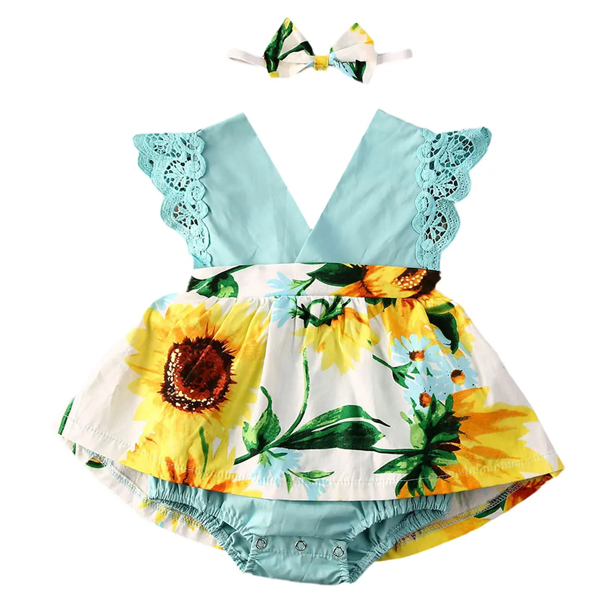 

Pudcoco Toddler Baby Girls Rompers Kids Clothes 2020 Sunflower Print Ruffles Lace Sleeve Jumpsuits Romper Dress+Headband 0-24M