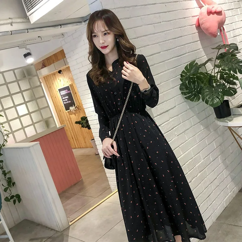 

Spring Autumn Korean Casual Elastic Waist Slim Chiffon Dress Female Stand Collar Floral Polka Dot Print Black Long Sleeve Dress