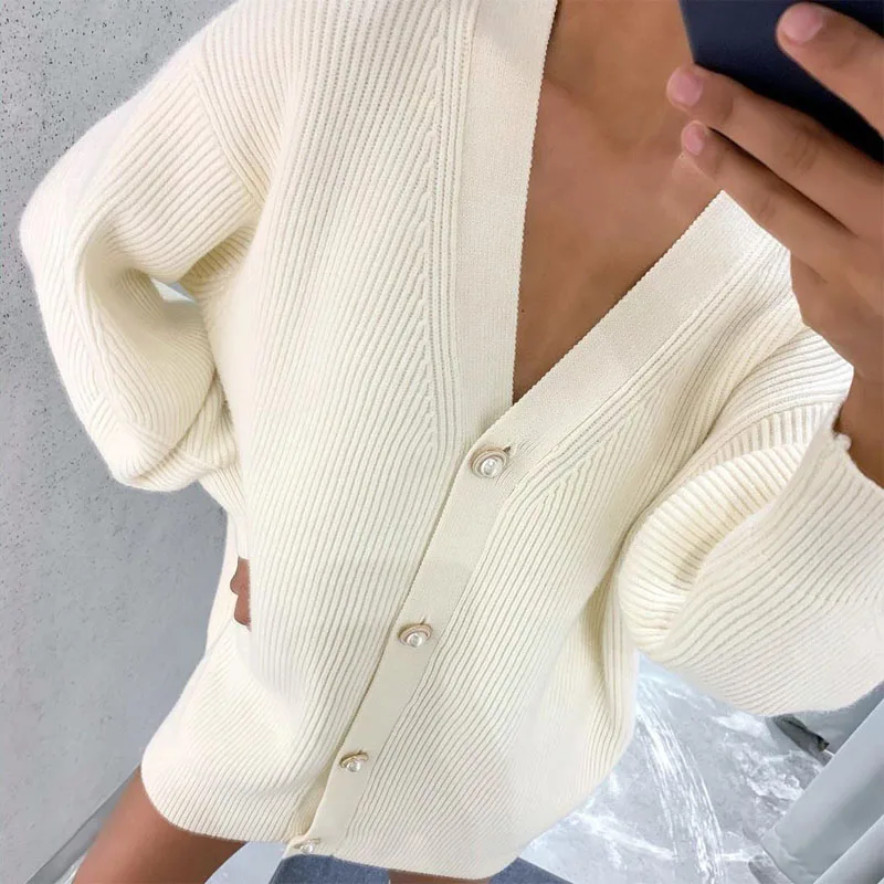 

Autumn Winter Loose Knit Sweater Jumper Solid V-Neck Casual Sweaters Outwear Fashion Single-Breasted Button Women Tops Cardigan