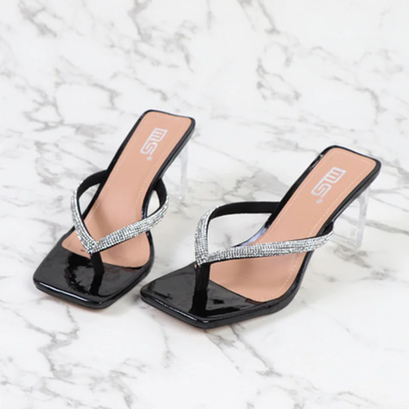 

2021 Summer Women Slippers Rhinestone Square Toe High Heel Flip Flop Feminine Transparent Thick Heel Sandals