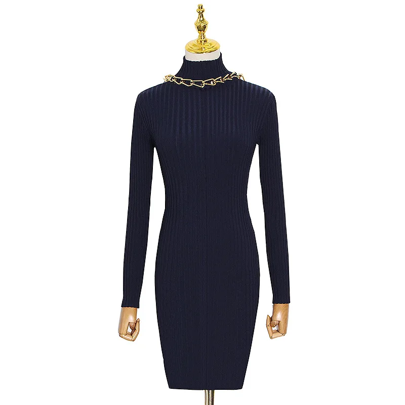 

New fashion temperament back hollow design high collar sexy chain decorative dress for women