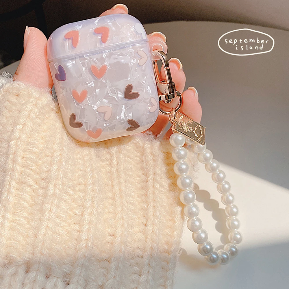 

Cute Luxury Pearl Case for Apple Airpods 1 2 Bracelet Chain Case for AirPods Pro Bluetooth Earphone Accessories Heart Flower