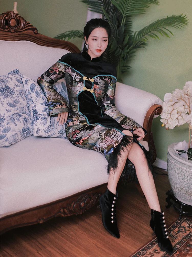 

can't dream splicing velvet restoring ancient ways improved cheongsam ostrich Mao Hefeng young holiday two dresses