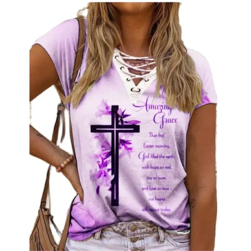 

New V-Neck Drawstring Short Sleeve T-shirt Women's Summer Casual Printed Loose Soft Good Quality Tees Plus Size Streetwear Tops