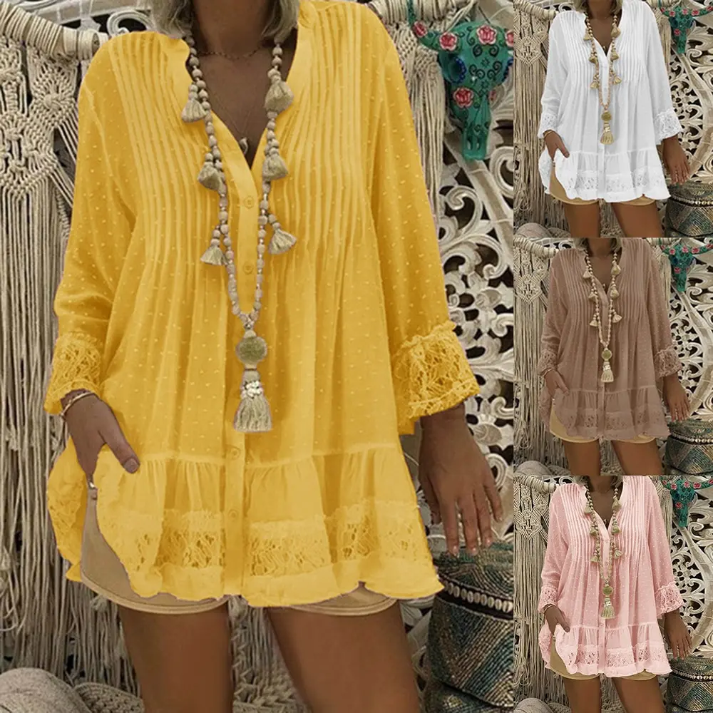 Женское кружевное Открытое платье рубашка с длинным рукавом и v образным вырезом