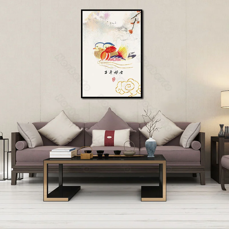 

Traditional Chinese Canvas Painting Wall Poster The Best Wishes Forever Love Rich Red Peony Carp and Magpie for Home Decoration